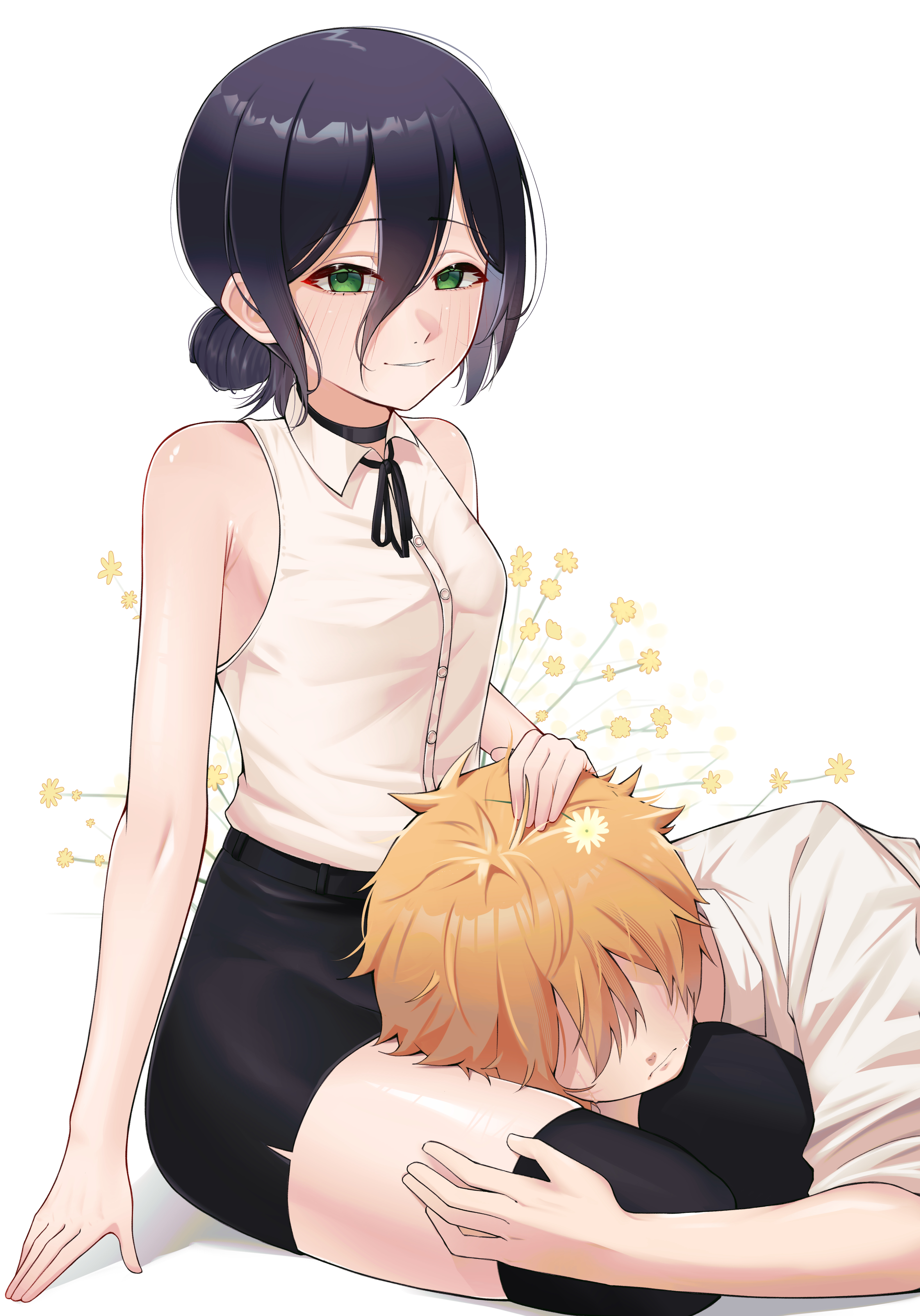 symbol world, denji (chainsaw man), reze (chainsaw man), chainsaw man, absurdres, highres, 1boy, 1girl, black hair, black shorts, black thighhighs, blonde hair, closed mouth, green eyes, hair between eyes, hair bun, lap pillow, looking at viewer, shirt, short hair, shorts, sleeveless, sleeveless shirt, thighhighs, white background, white shirt