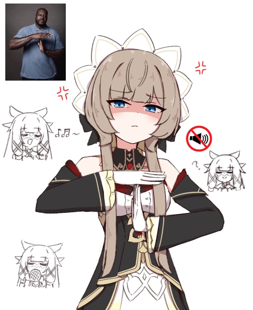 chirun0, columbina (genshin impact), sandrone (genshin impact), genshin impact, commentary, symbol-only commentary, 2girls, anger vein, bare shoulders, blue eyes, blunt bangs, bread, brown hair, chibi, closed eyes, closed mouth, detached sleeves, dress, emoji, eye mask, food, gloves, hair ornament, head wings, headdress, long hair, long sleeves, looking at viewer, melon bread, meme, multiple girls, musical note, reference inset, shaq timeout (meme), short hair with long locks, white background, white gloves, wings, x hair ornament