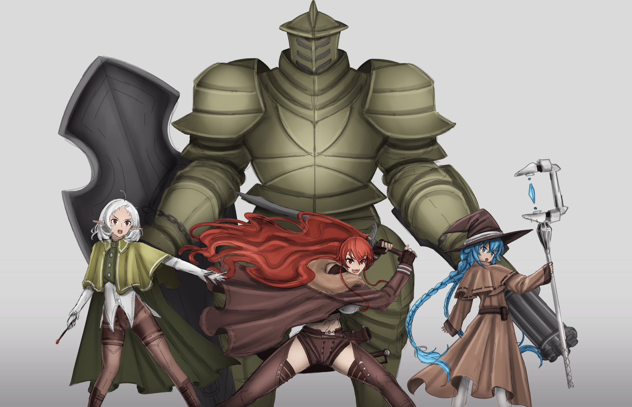 raufe, eris greyrat, roxy migurdia, sylphiette (mushoku tensei), mushoku tensei, highres, 3girls, armor, blue hair, braid, fighting stance, gatling gun, hat, holding, holding sword, holding wand, holding weapon, mage staff, minigun, multiple girls, raufe (don gato), red hair, shield, staff, sword, twin braids, wand, weapon, white background, white hair, witch hat