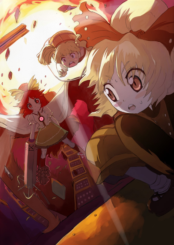 shape, syope, kisume, kurodani yamame, reiuji utsuho, touhou, 3girls, bow, bucket, cape, crazy eyes, explosion, female focus, hair bow, multiple girls, twintails, wings
