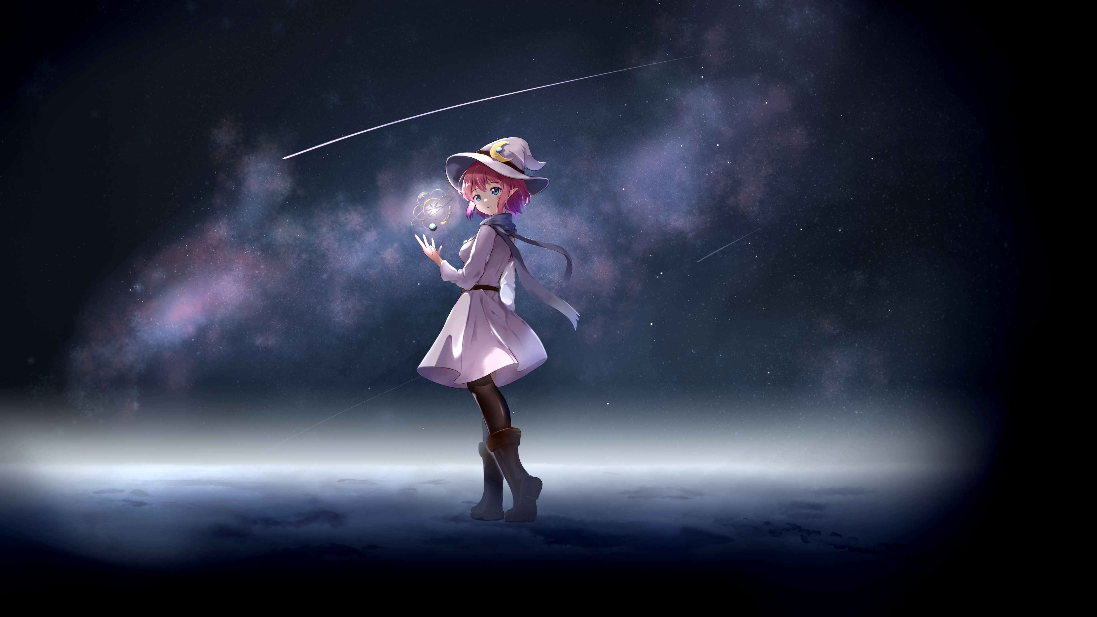 cruvie, original, absurdres, commentary, highres, 1girl, black pantyhose, black scarf, blue eyes, boots, breasts, brown boots, crescent, crescent hat ornament, dress, eyelashes, from behind, hair between eyes, hand up, hat, hat ornament, jewelry, long sleeves, looking at viewer, looking back, medium breasts, medium dress, medium hair, night, night sky, outdoors, pantyhose, pendant, pink hair, pointy ears, scarf, scenery, shooting star, sidelocks, sky, solo, standing, star (sky), star (symbol), starry sky, underlighting, white dress, wide shot, witch, witch hat
