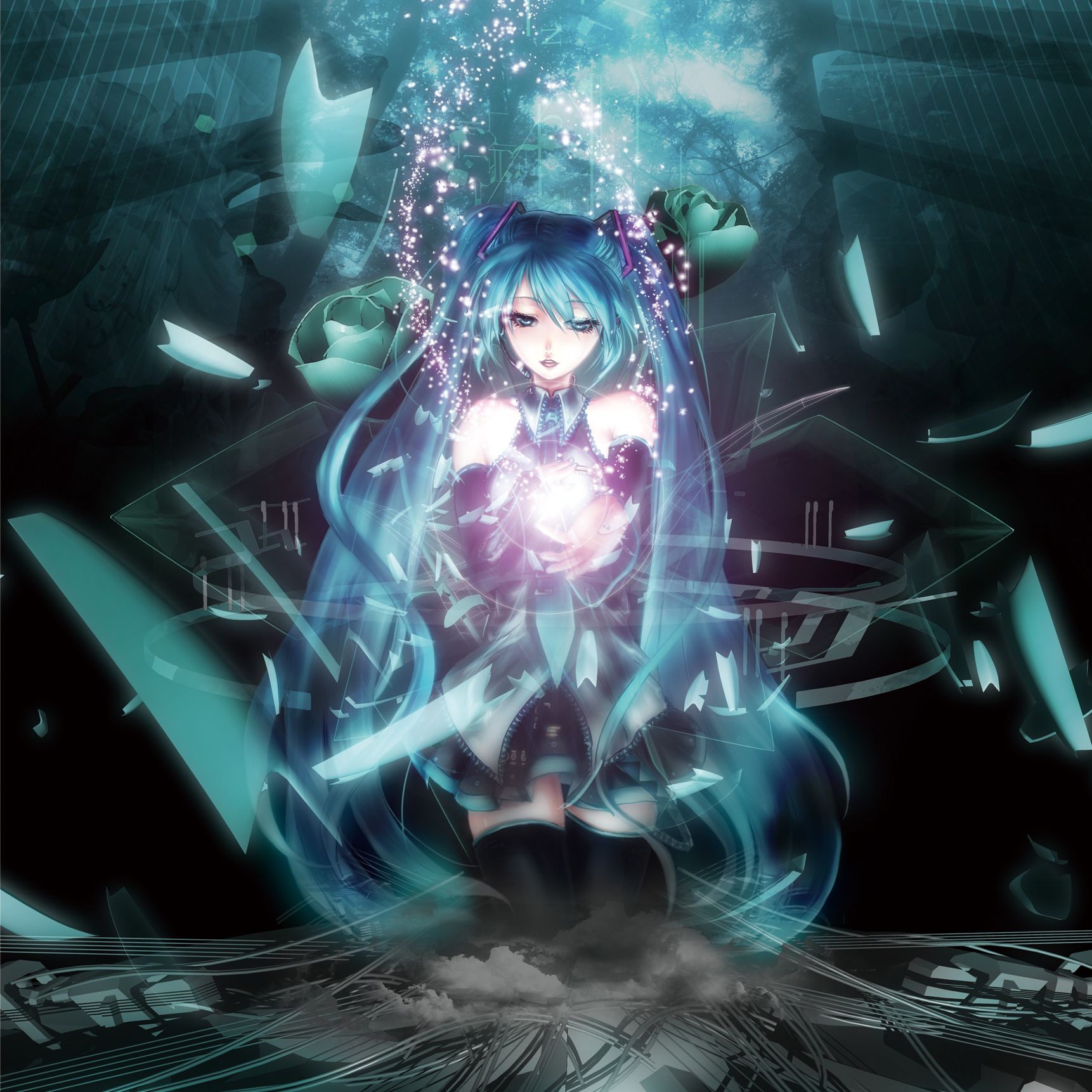 saiun hanatsubasa, hatsune miku, vocaloid, highres, blue eyes, blue hair, detached sleeves, flower, headset, long hair, necktie, rose, skirt, solo, thighhighs, twintails, very long hair, zettai ryouiki