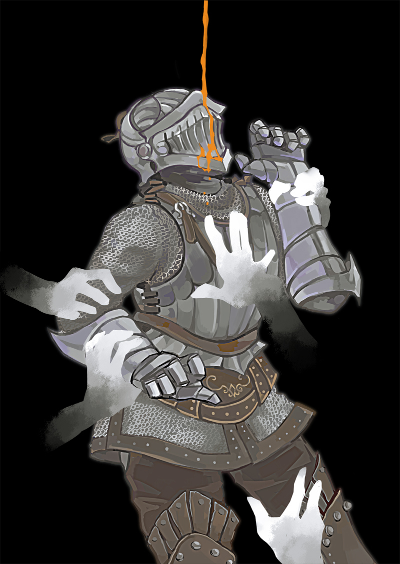 kanon (rsl), dark souls (series), dark souls ii, commentary, 1boy, armor, black background, breastplate, chainmail, cowboy shot, disembodied hand, full armor, gauntlets, helm, helmet, knight, maldron the assassin, male focus, simple background, solo