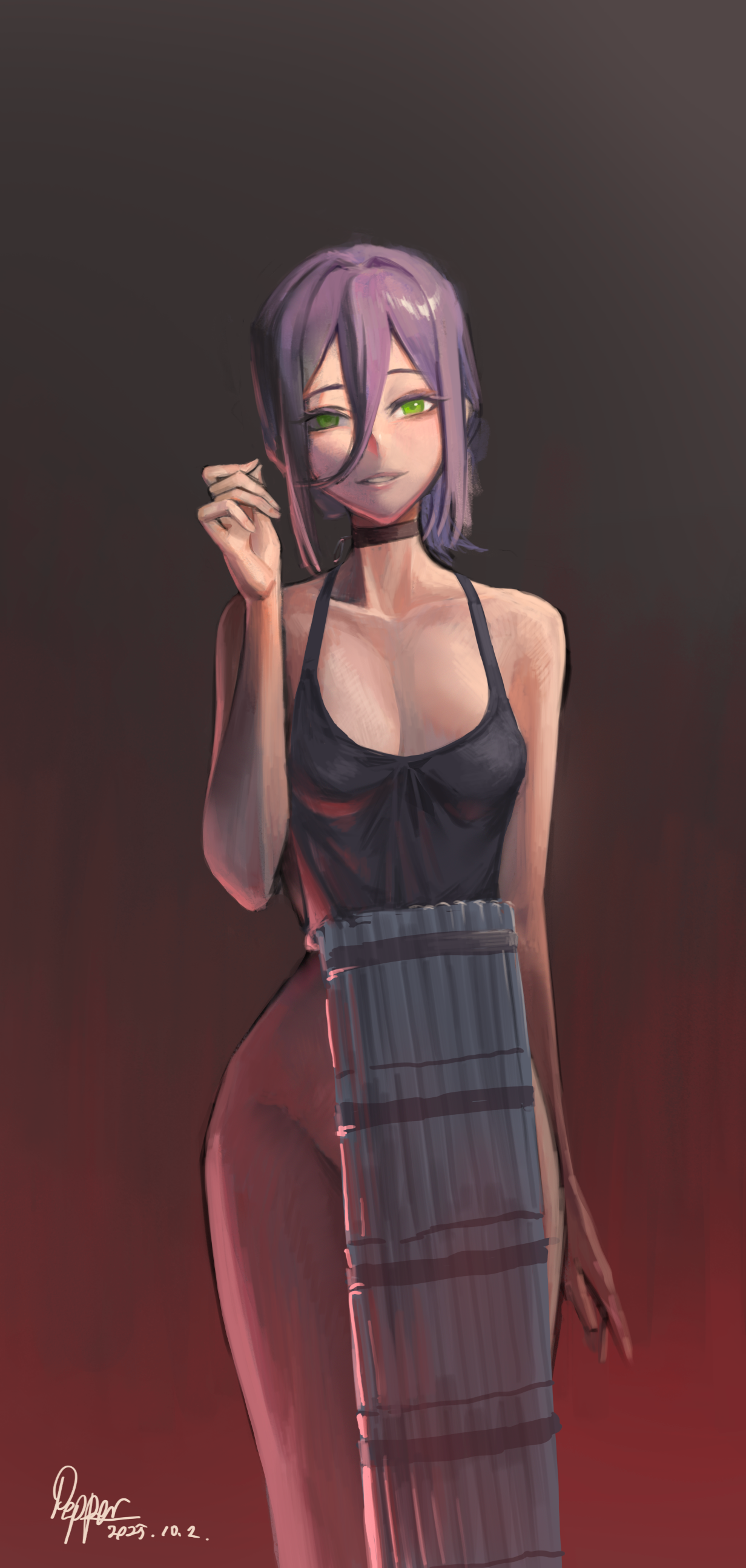 pepperart, reze (chainsaw man), chainsaw man, absurdres, commentary, highres, 1girl, apron, black choker, breasts, choker, dynamite, explosive, gradient background, green eyes, grey apron, grey background, hair between eyes, hand up, looking at viewer, medium breasts, no panties, purple hair, red background, solo