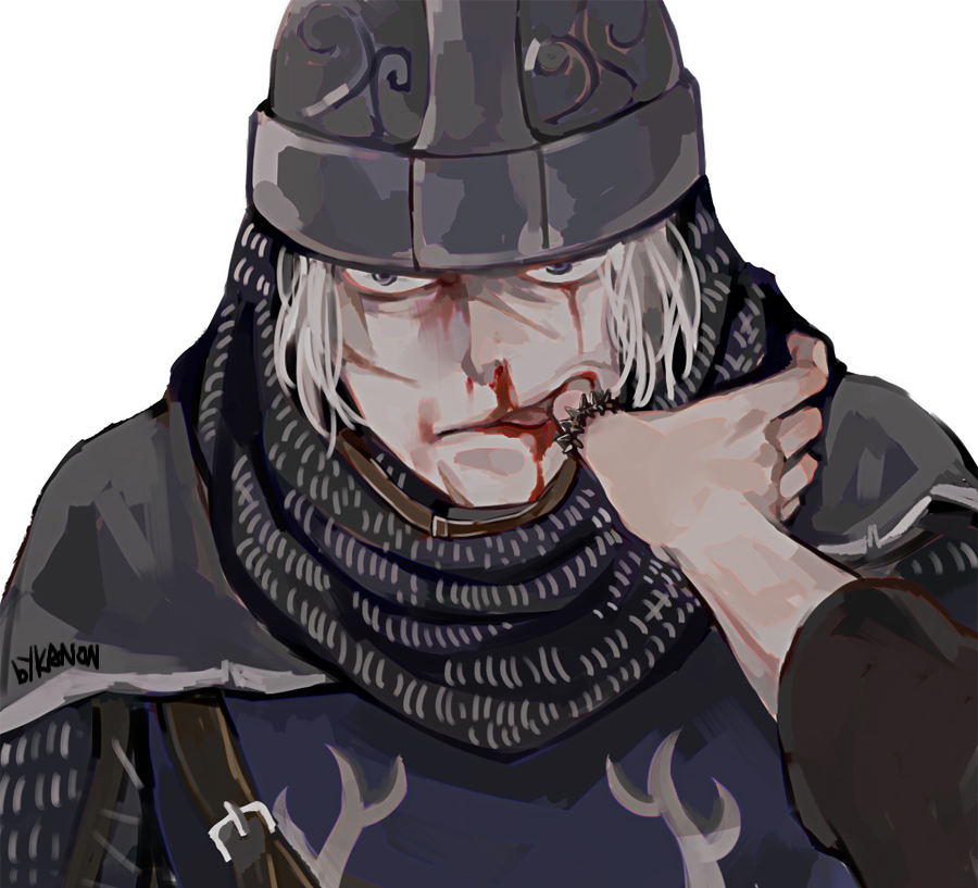 kanon (rsl), creighton of mirrah, mild mannered pate, dark souls (series), dark souls ii, commentary, 2boys, armor, blood, blood on face, blue tunic, chainmail, grey hair, helmet, jewelry, looking at viewer, male focus, multiple boys, no mask, nosebleed, pov, pov hands, purple eyes, ring, simple background, solo focus, tunic, upper body, white background