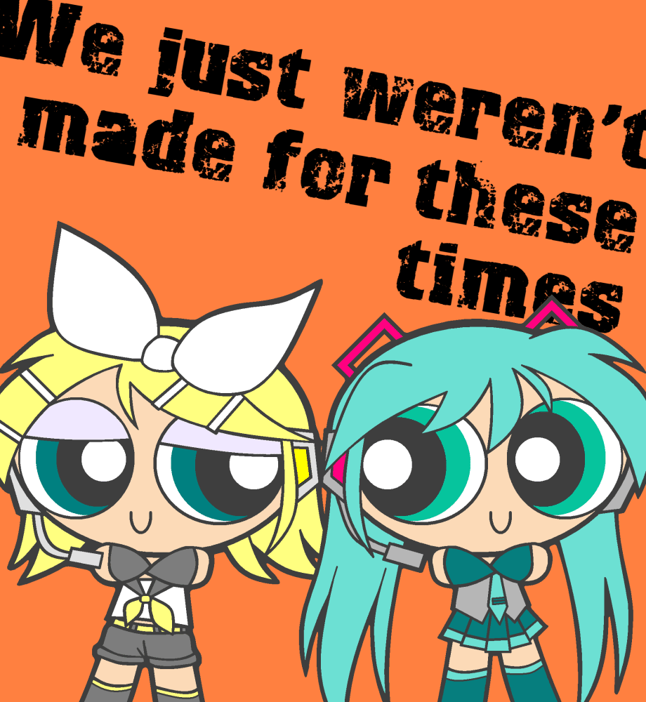 hatsune miku, kagamine rin, powerpuff girls, vocaloid, 2girls, aqua eyes, aqua hair, blonde hair, chibi, crossed arms, detached sleeves, english text, green eyes, headset, long hair, multiple girls, necktie, parody, skirt, style parody, thighhighs, twintails