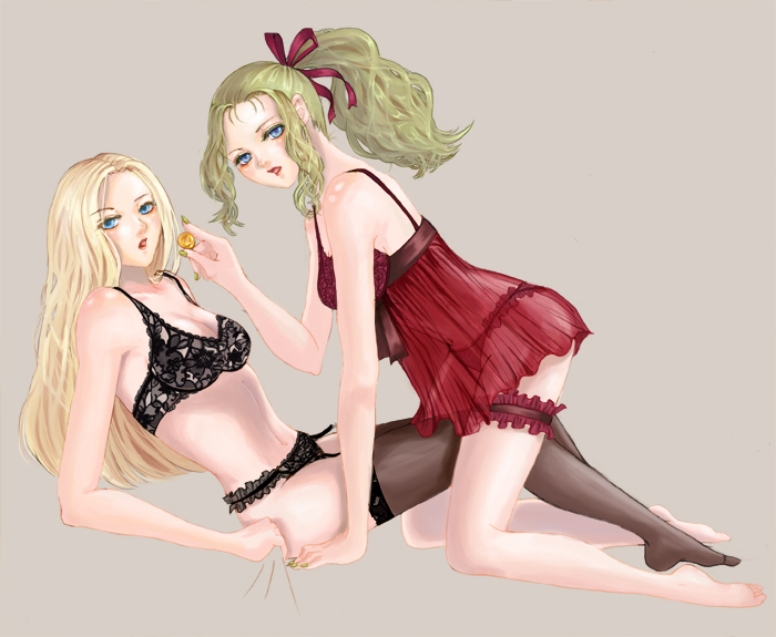 kaamos, mizumori, celes chere, tina branford, final fantasy, final fantasy vi, bad id, bad pixiv id, 1990s (style), 2girls, blonde hair, blue eyes, bow, bra, chemise, frilled thigh strap, garter belt, green hair, hair bow, lingerie, long hair, multiple girls, nightgown, panties, ponytail, retro artstyle, simple background, thigh strap, thighhighs, underwear, yuri