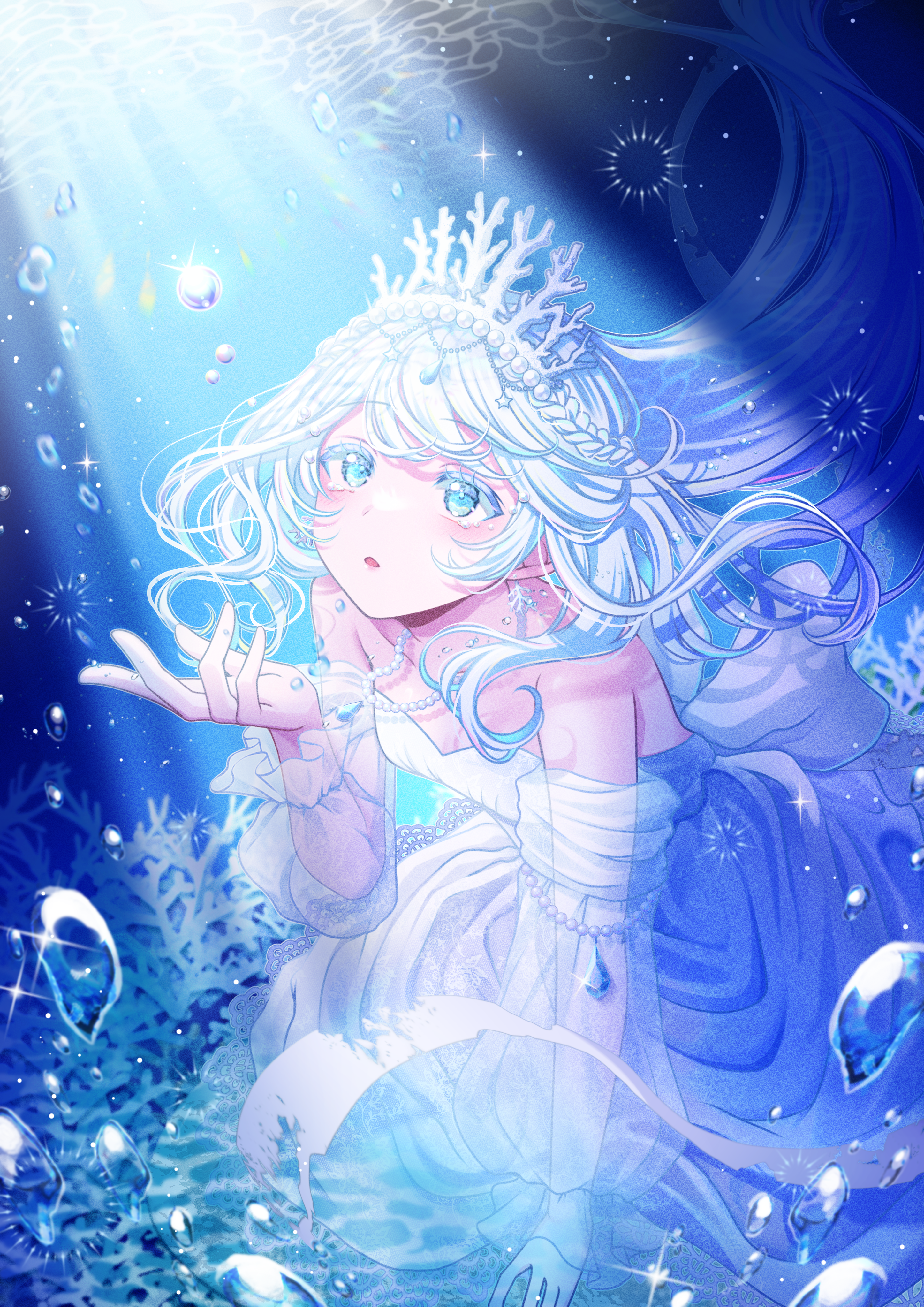 sani (saaanii), original, absurdres, commentary request, highres, 1girl, air bubble, blue eyes, braid, breasts, bubble, cleavage, colored eyelashes, coral, coral earrings, detached sleeves, dress, earrings, elbow gloves, floating hair, gloves, half updo, jewelry, long hair, long sleeves, looking up, necklace, parted lips, pearl necklace, see-through clothes, see-through sleeves, small breasts, solo, strapless, strapless dress, sunlight, underwater, very long hair, white hair