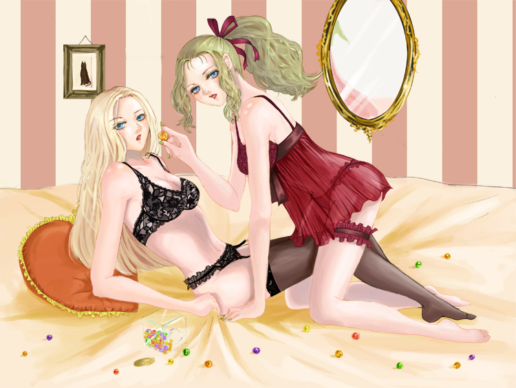 mizumori, celes chere, tina branford, final fantasy, final fantasy vi, 1990s (style), 2girls, bed, blonde hair, blue eyes, bow, bra, chemise, frilled thigh strap, garter belt, green hair, hair bow, hair ribbon, lingerie, long hair, mirror, multiple girls, nightgown, panties, pillow, ponytail, retro artstyle, ribbon, thigh strap, thighhighs, underwear, yuri