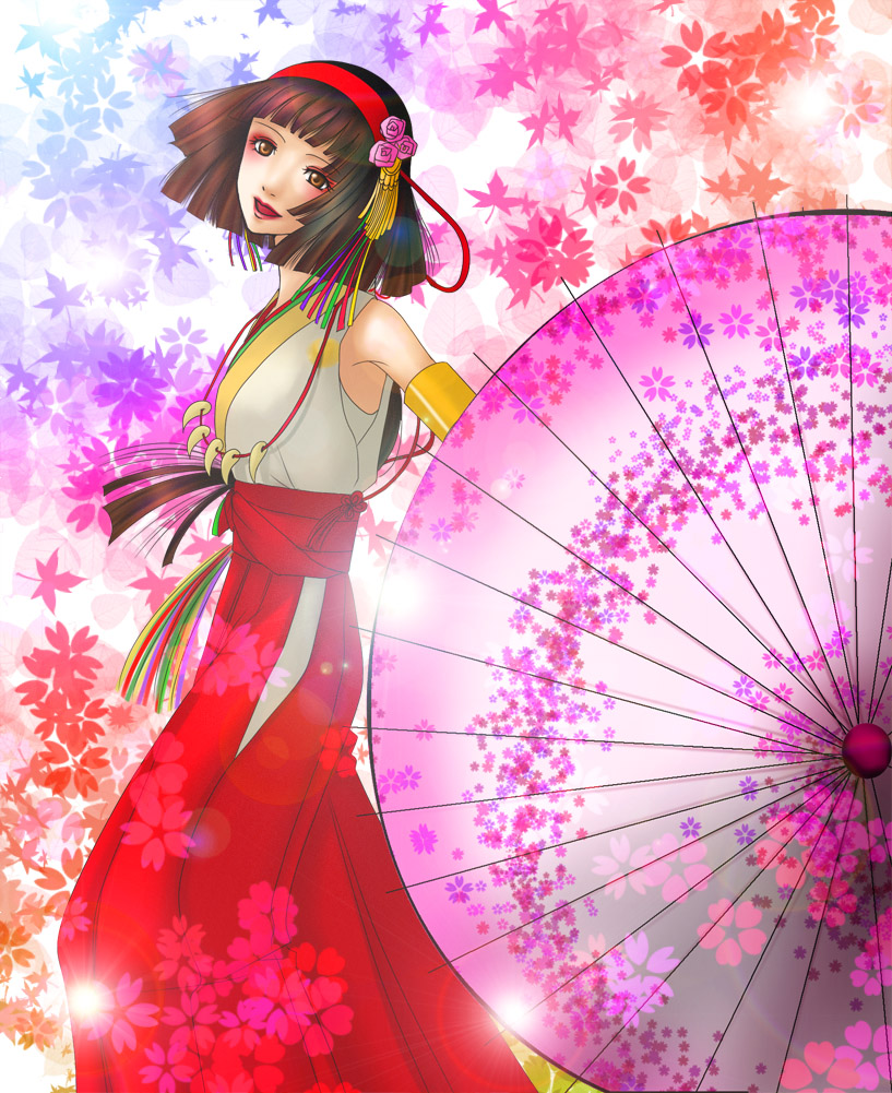 yusoson, okuni, sengoku musou, 1girl, brown eyes, brown hair, female focus, hairband, oil-paper umbrella, short hair, solo, umbrella