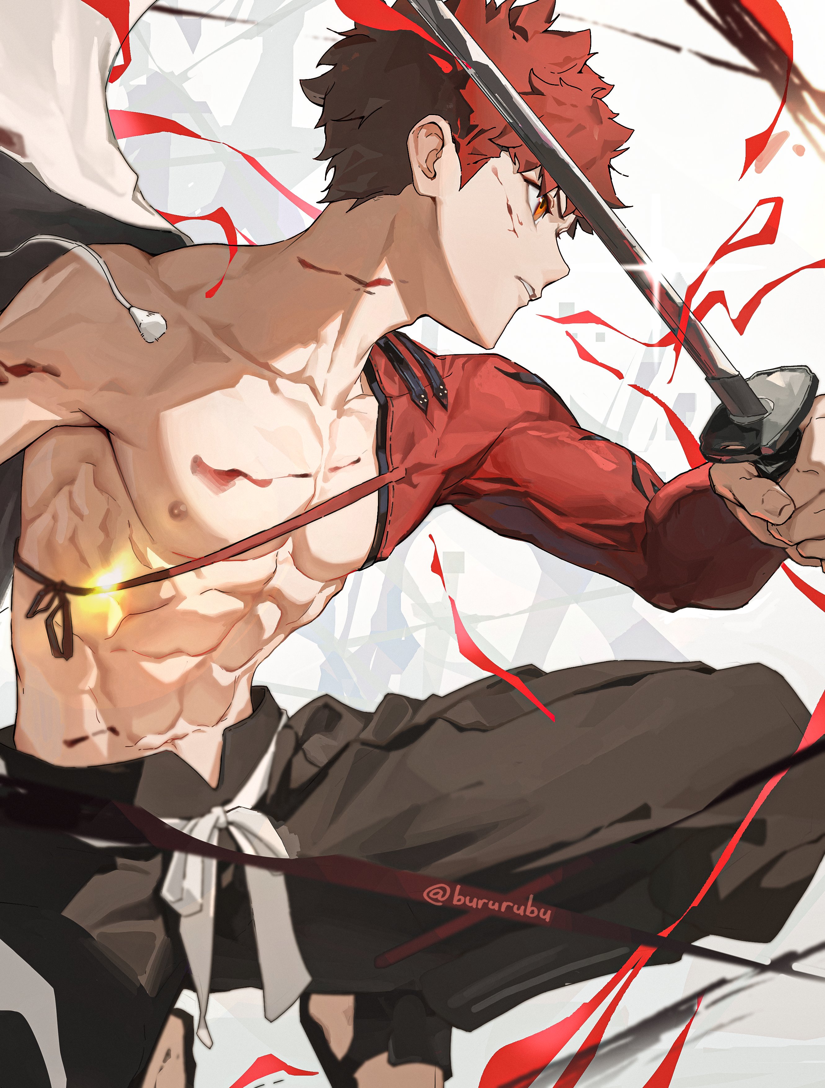 shin ra ra, emiya shirou, senji muramasa (fate), fate/grand order, fate (series), absurdres, highres, 1boy, abs, cape, holding, holding sword, holding unworn cape, holding unworn clothes, holding weapon, igote, katana, male focus, nagatekkou, orange hair, red hair, single bare shoulder, solo, sword, toned, toned male, unworn cape, weapon, white cape