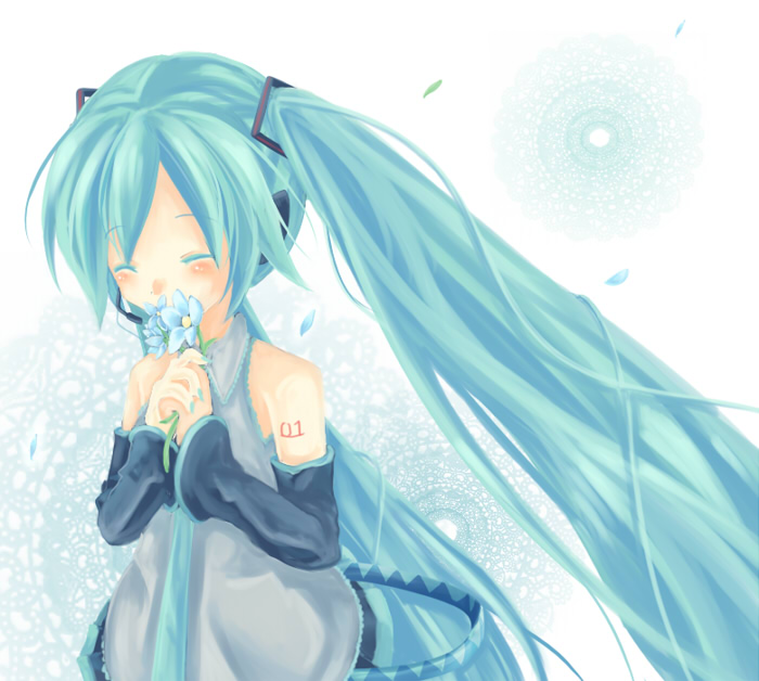 mugi, mugi (twinbox), hatsune miku, vocaloid, bad id, bad pixiv id, aqua hair, blush, closed eyes, detached sleeves, flower, happy, long hair, necktie, own hands clasped, own hands together, solo, twintails, very long hair