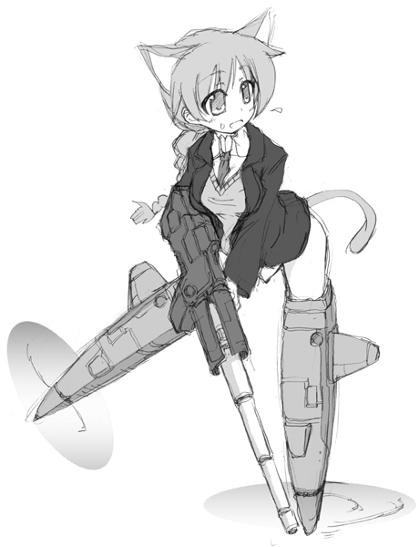 lynette bishop, strike witches, world witches series, 00s, 1girl, animal ears, braid, cat ears, cat tail, female focus, greyscale, gun, monochrome, single braid, solo, tail, weapon