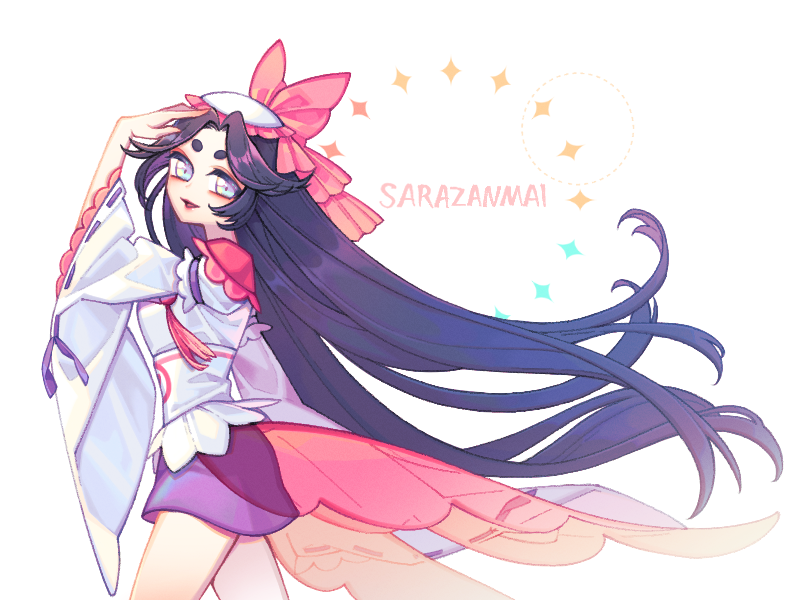 azuma sara, sarazanmai, commentary request, korean commentary, 1girl, blue eyes, copyright name, cowboy shot, furisode sleeves, hat, japanese clothes, kimono, long hair, parted lips, prrbob, purple hair, purple skirt, skirt, solo, thick eyebrows, very long hair, white hat, white kimono, wide sleeves