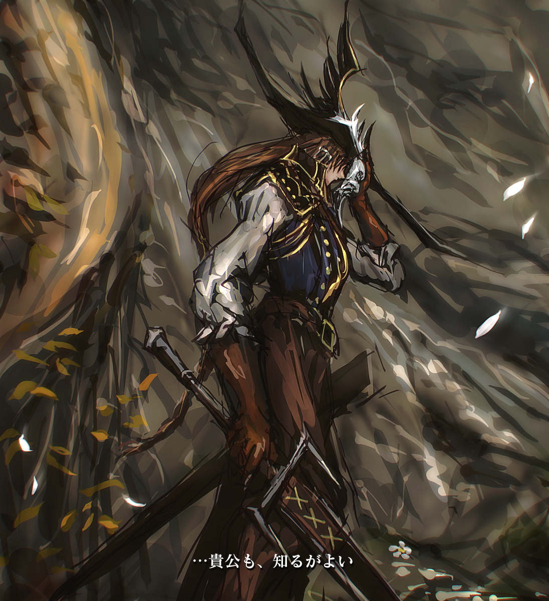 byneet, lucatiel of mirrah, malenia blade of miquella, dark souls (series), dark souls ii, elden ring, commentary request, highres, translation request, 1girl, armor, black armor, brown gloves, brown hair, brown pants, cowboy shot, gloves, grey background, holding, holding mask, holding sword, holding weapon, long hair, long sleeves, mask, pants, pauldrons, shirt, shoulder armor, solo, sword, weapon, white shirt