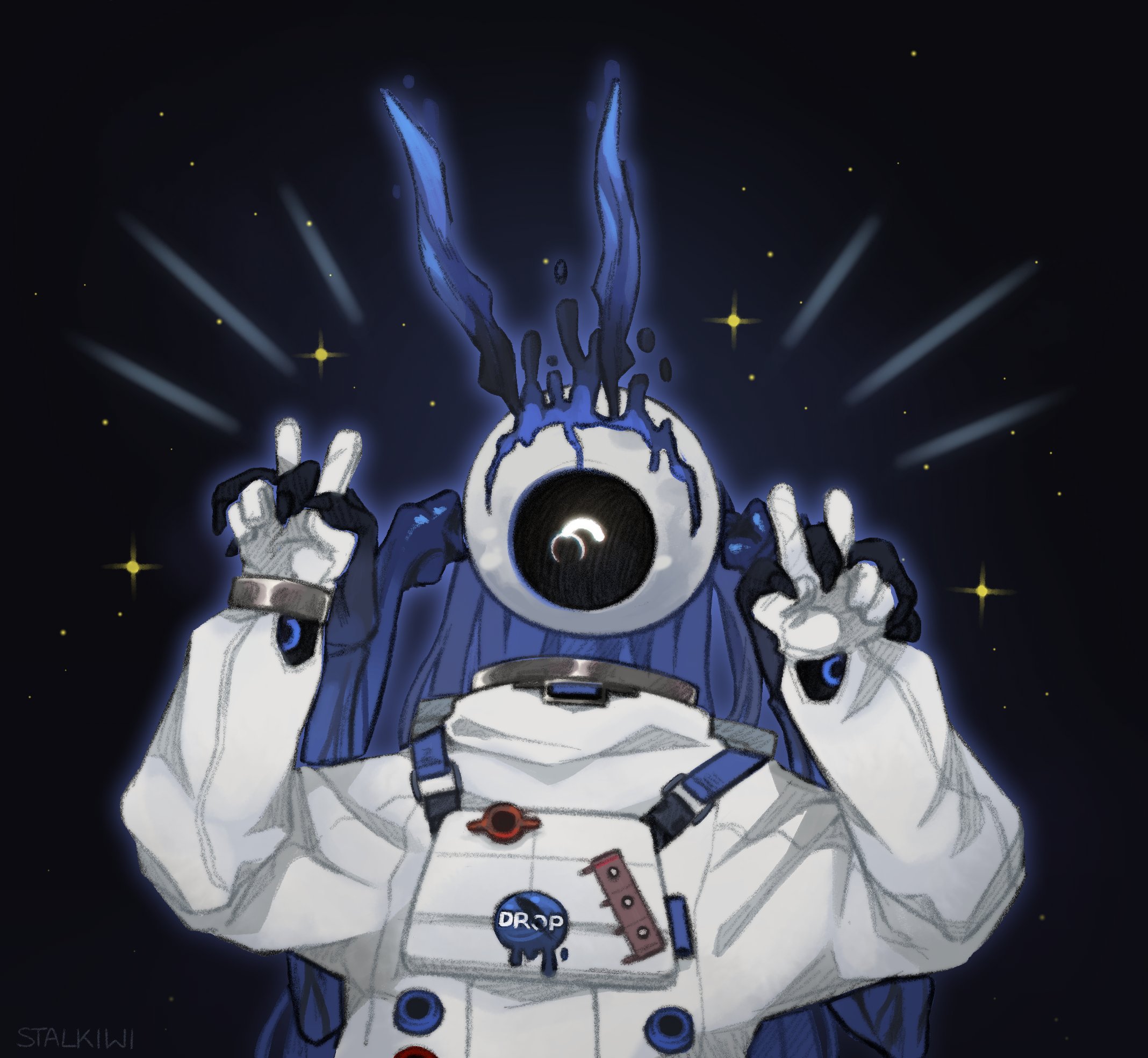 arkiwi, arknights, commentary, english commentary, highres, 1girl, alien, artist name, astronaut, eyeball, gloves, long sleeves, night, night sky, sky, solo, spacesuit, star (sky), the ghost (arknights), upper body, v, white gloves