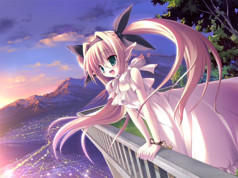 carol miruto, wizard girl ambitious, game cg, non-web source, 10s, 1girl, blonde hair, dutch angle, female focus, glasses, green eyes, landscape, long hair, pointy ears, sky, solo, twintails