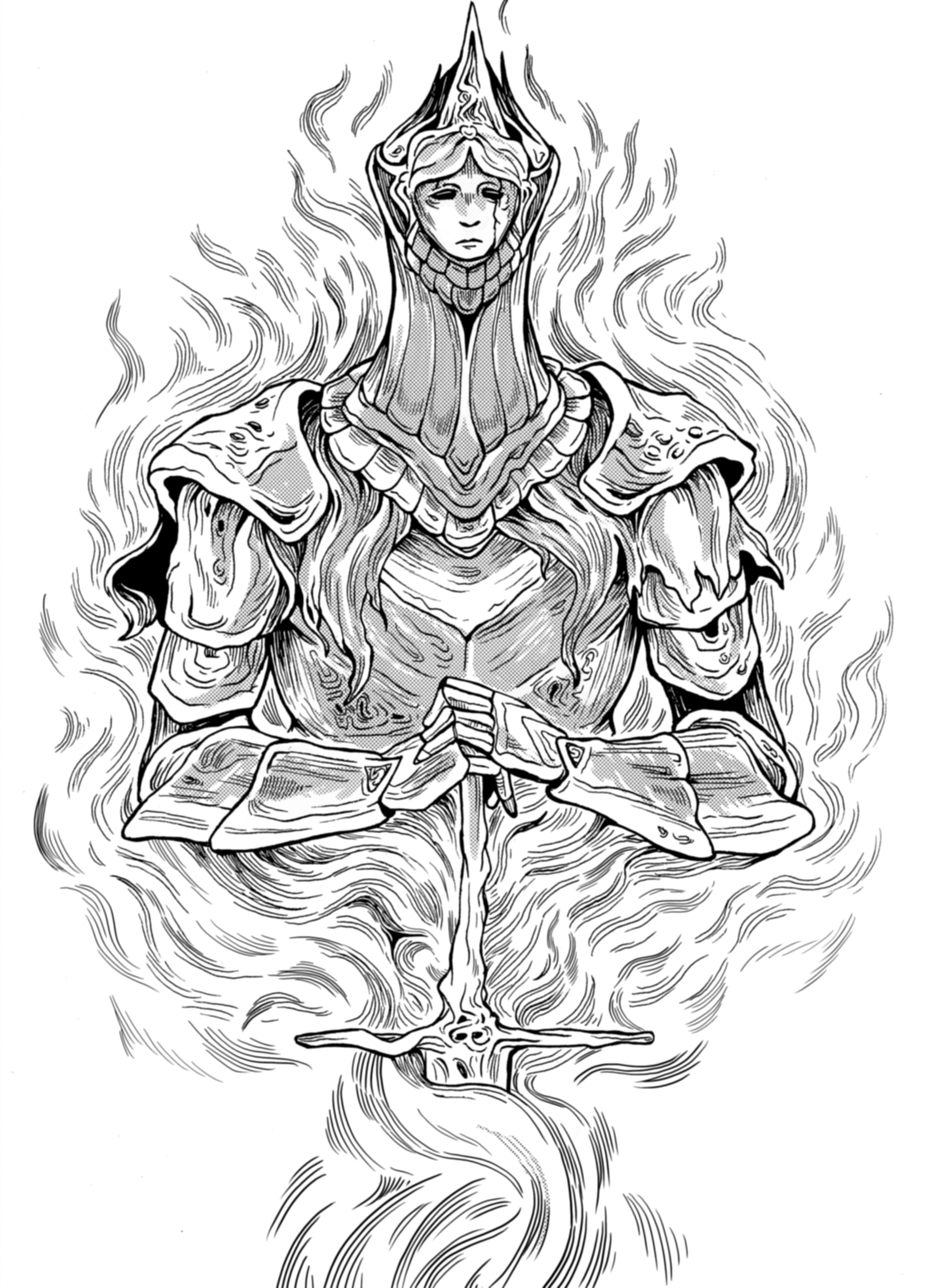 fol463, dark souls (series), dark souls ii, absurdres, commentary request, highres, 1boy, armor, breastplate, burnt ivory king, cropped torso, greyscale, helm, helmet, holding, holding sword, holding weapon, lineart, long hair, male focus, mask, masked, monochrome, pauldrons, shoulder armor, simple background, solo, sword, upper body, weapon