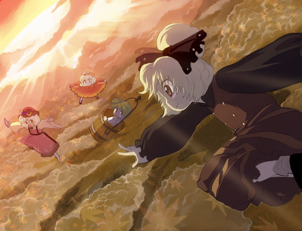 shape, syope, aki minoriko, aki shizuha, kisume, kurodani yamame, touhou, silver hair, 4girls, cloud, cloudy sky, dress, dutch angle, female focus, from behind, full body, grey eyes, light rays, long sleeves, multiple girls, outstretched arms, red dress, short hair, sky, sunset