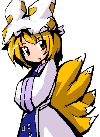 neki-t, yakumo ran, touhou, lowres, 1girl, animal hat, blonde hair, female focus, hands in opposite sleeves, hat, long sleeves, mob cap, multiple tails, oekaki, short hair, solo, tail, white background, wide sleeves, yellow eyes