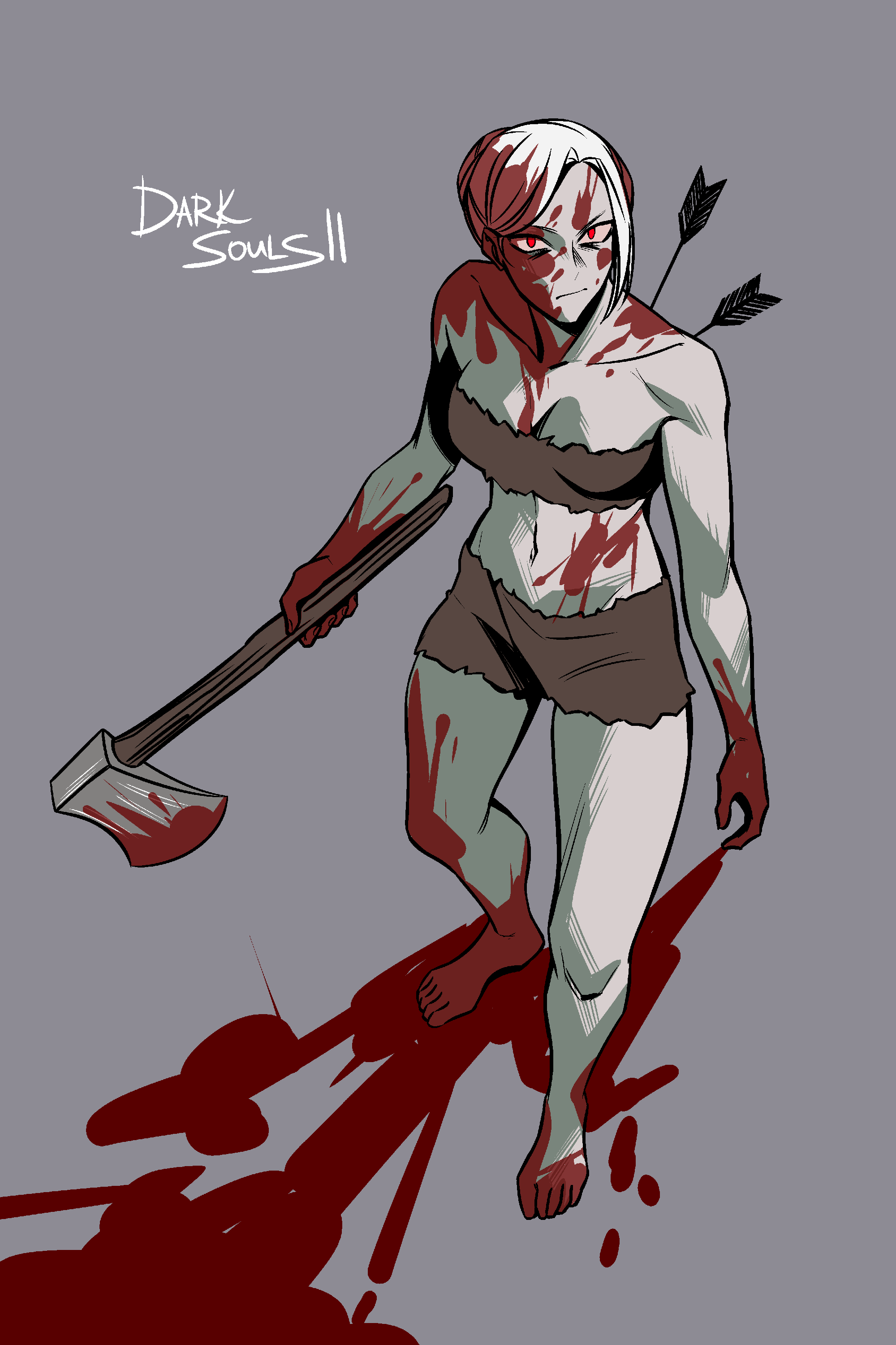 vonlianes, bearer of the curse, dark souls (series), dark souls ii, absurdres, commentary, highres, 1girl, arrow (projectile), arrow in body, axe, bandeau, barefoot, blood, blood on face, blood on feet, blood on hands, blood on stomach, blood splatter, breasts, brown bandeau, brown shorts, closed mouth, colored skin, copyright name, full body, grey background, grey skin, looking at viewer, medium breasts, red eyes, shorts, solo, white hair