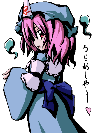 neki-t, saigyouji yuyuko, touhou, lowres, translated, 1girl, dress, female focus, hat, oekaki, simple background, solo, white background