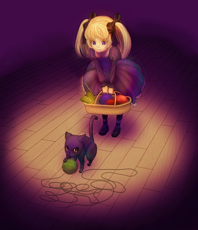 yugume, alice (odin sphere), socrates (odin sphere), odin sphere, animal, basket, blonde hair, cat, dress, glowing, hair ribbon, purple eyes, ribbon, solo, twintails, yarn, yarn ball