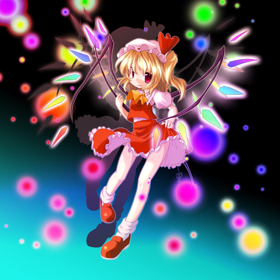 neki-t, flandre scarlet, touhou, 1girl, blonde hair, bonnet, clothes lift, female focus, full body, gradient background, hat, hat ribbon, red eyes, ribbon, shoes, side ponytail, skirt, skirt lift, socks, solo, wings