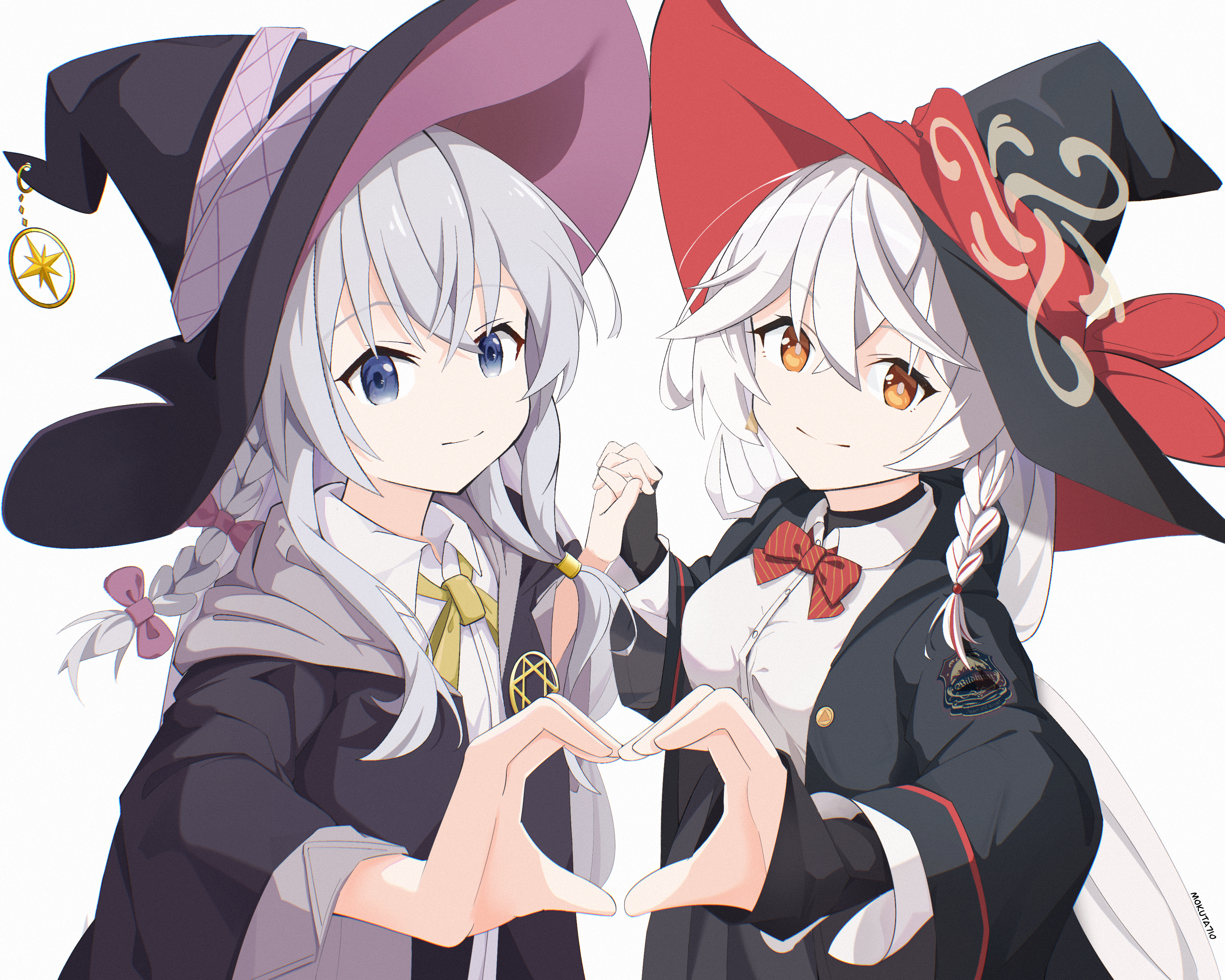 elaina (majo no tabitabi), eri (blue archive), blue archive, majo no tabitabi, absurdres, commentary, highres, 2girls, artist name, black hat, black jacket, black robe, blue eyes, bow, bowtie, braid, breasts, bright pupils, closed mouth, collared shirt, crossed bangs, crossover, diagonal-striped bow, diagonal-striped bowtie, diagonal-striped clothes, dress shirt, foreshortening, grey hair, hair between eyes, hair bow, hat, hat ornament, hat ribbon, heart, heart hands, heart hands duo, holding hands, interlocked fingers, jacket, large breasts, long hair, long sleeves, look-alike, looking at viewer, low ponytail, multiple girls, neck ribbon, open clothes, open jacket, open robe, orange eyes, ponytail, purple bow, red bow, red bowtie, red ribbon, ribbon, robe, school uniform, shirt, sidelocks, simple background, single braid, sleeves past wrists, smile, split mouth, star (symbol), star hat ornament, striped bow, striped bowtie, striped clothes, trait connection, turtleneck, turtleneck shirt, two-sided fabric, two-sided headwear, upper body, very long hair, white background, white pupils, white shirt, wide sleeves, witch, witch hat, yellow ribbon, ying-skd710