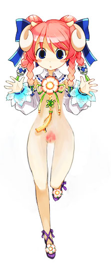 sheep (trickster), trickster (ntreev soft), lowres, nude filter, third-party edit, 10s, 1girl, animal ears, blue eyes, bow, braid, breasts, colored pubic hair, detached sleeves, female focus, female pubic hair, full body, hair bow, horns, nipples, nude, pink hair, pubic hair, pussy, ribbon, sheep ears, small breasts, solo, uncensored