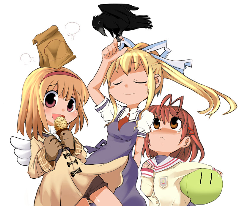 sasago kaze, furukawa nagisa, kamio misuzu, sora (air), tsukimiya ayu, air (visual novel), clannad, dango daikazoku, kanon, key (company), 00s, 3girls, bird, bird on hand, blonde hair, company connection, crossover, crow, dango, food, multiple girls, object on head, taiyaki, tears, wagashi