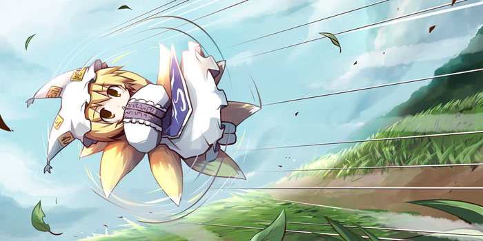 dorua (dollar), yakumo ran, touhou, 1girl, :o, animal hat, blonde hair, chibi, female focus, flying, fox tail, grass, hands in opposite sleeves, hat, long sleeves, mob cap, motion lines, multiple tails, rolling, short hair, solo, speed lines, tail, tassel, wide sleeves, yellow eyes