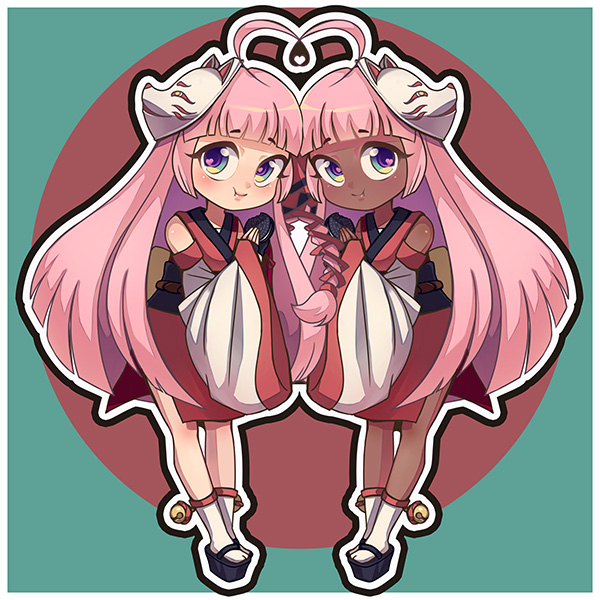 original, commentary request, 2girls, ahoge, bell, blunt bangs, dark-skinned female, dark skin, detached sleeves, food, holding, holding food, japanese clothes, jingle bell, long hair, mask, mask on head, multiple girls, obi, oreo, outline, pink hair, platform sandals, roudaimao, sandals, sash, socks, very long hair, white socks