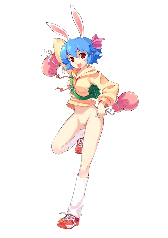 bunny (trickster), trickster (ntreev soft), nude filter, third-party edit, 10s, 1girl, animal ears, backpack, bag, blue hair, bottomless, boxing gloves, breasts, female focus, full body, gloves, headband, hood, hoodie, naked hoodie, pussy, rabbit ears, randoseru, red eyes, simple background, socks, solo, uncensored