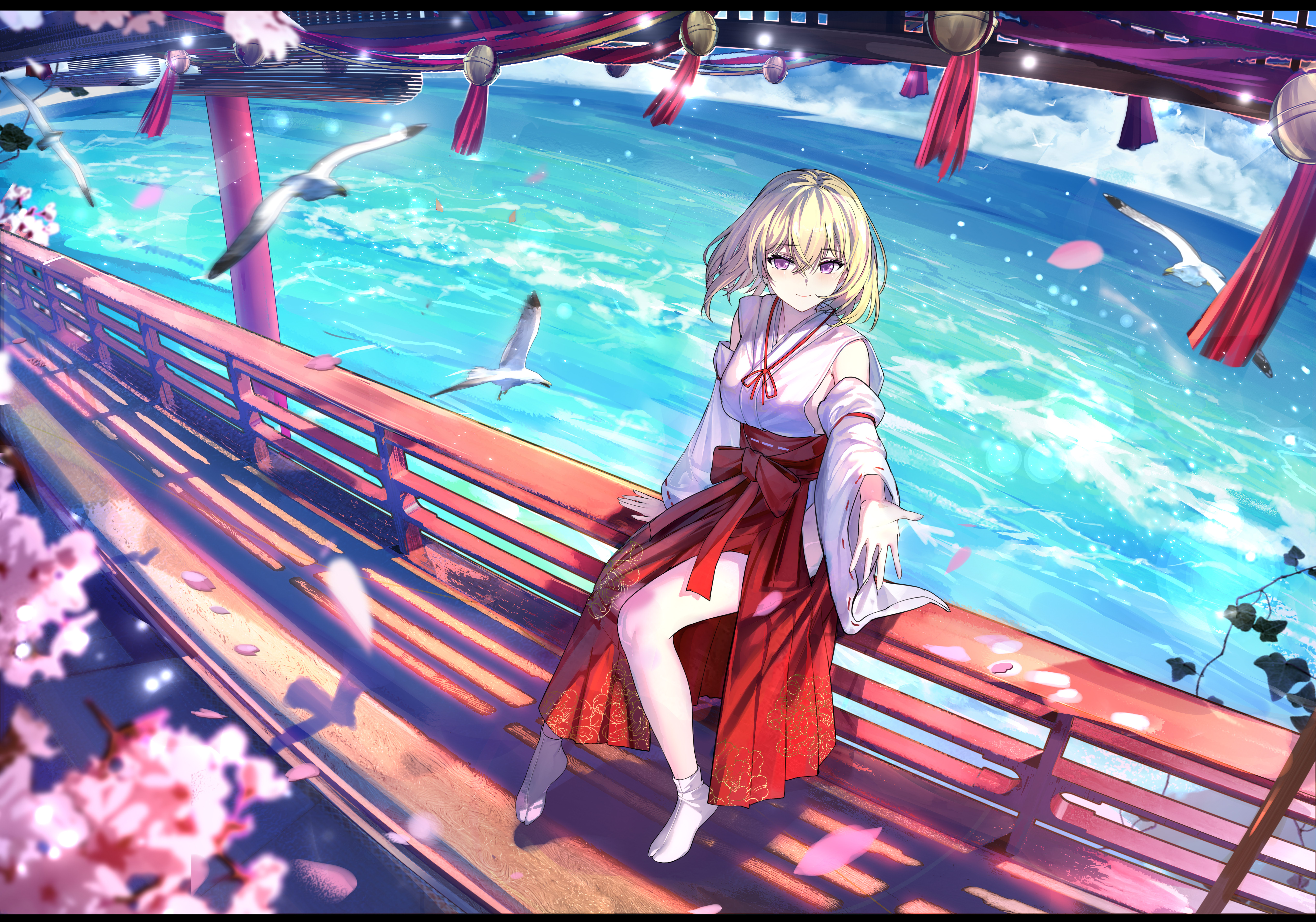 geez, misumi uika, bang dream!, bang dream! it's mygo!!!!!, absurdres, commentary request, highres, 1girl, alternate costume, architecture, bird, blonde hair, breasts, closed mouth, detached sleeves, east asian architecture, falling petals, full body, hair between eyes, hakama, hakama skirt, japanese clothes, looking at viewer, medium breasts, medium hair, no shoes, nontraditional miko, on railing, petals, pink petals, purple eyes, railing, reaching, reaching towards viewer, red hakama, sitting, skirt, smile, socks, solo, tabi, water, white bird, white socks, wide sleeves