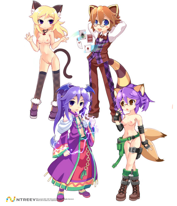 cat (trickster), dragon (trickster), fox (trickster), raccoon (trickster), trickster (ntreev soft), nude filter, third-party edit, 10s, 2boys, 2girls, animal ears, blonde hair, boots, breasts, brown hair, cat ears, cat tail, fox ears, fox tail, glasses, medium breasts, multiple boys, multiple girls, nipples, nude, purple hair, pussy, raccoon ears, raccoon tail, small breasts, tail, thighhighs, uncensored