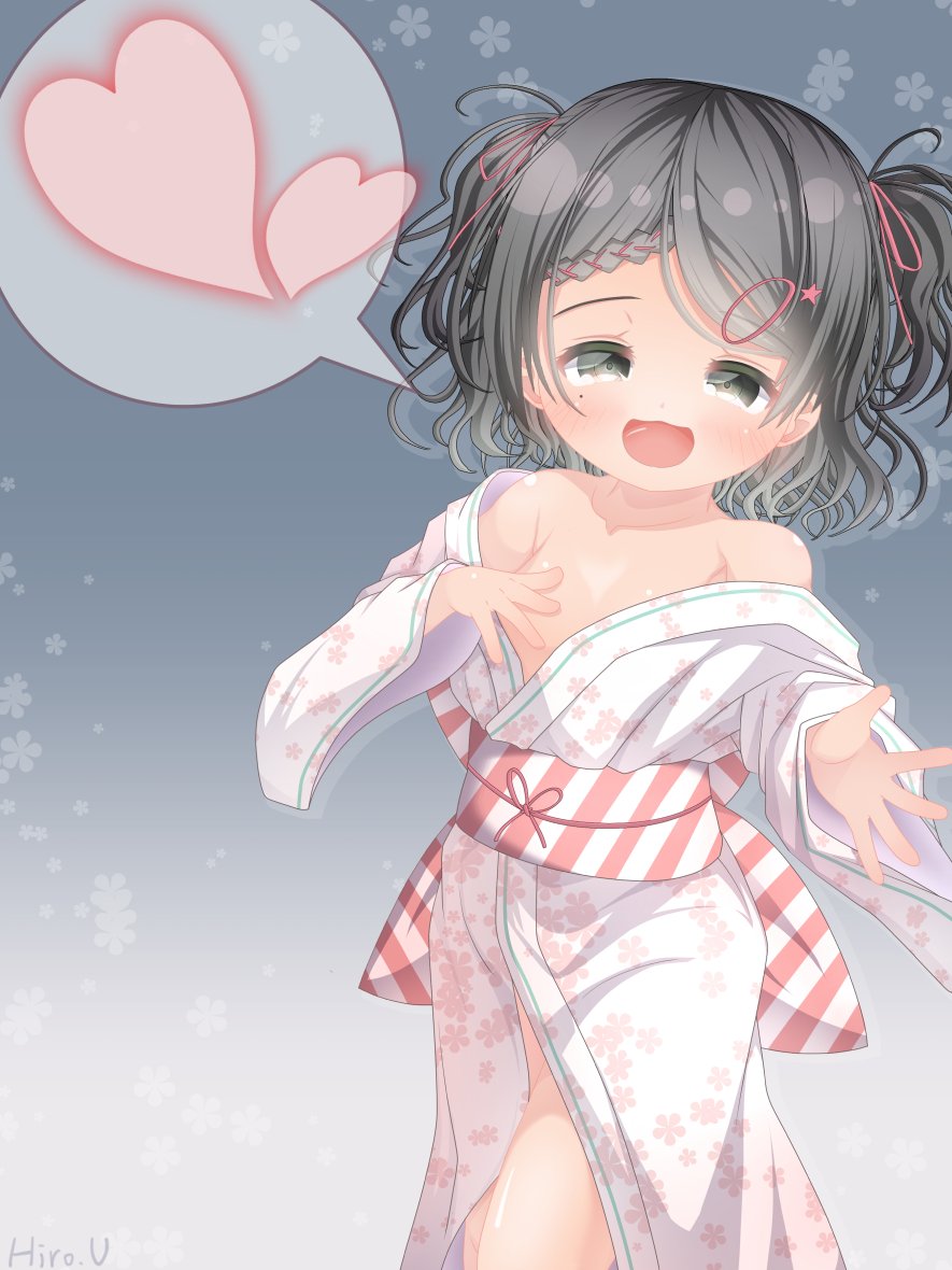 uraguchi hiiro, scirocco (kancolle), kantai collection, 1girl, alternate costume, bare shoulders, black hair, braid, braided bangs, dark-skinned female, dark skin, feet out of frame, floral print, grey background, grey eyes, hand on own chest, heart, japanese clothes, kimono, obi, sash, simple background, smile, solo, spoken heart, striped sash, two side up, wavy mouth, white kimono, yukata