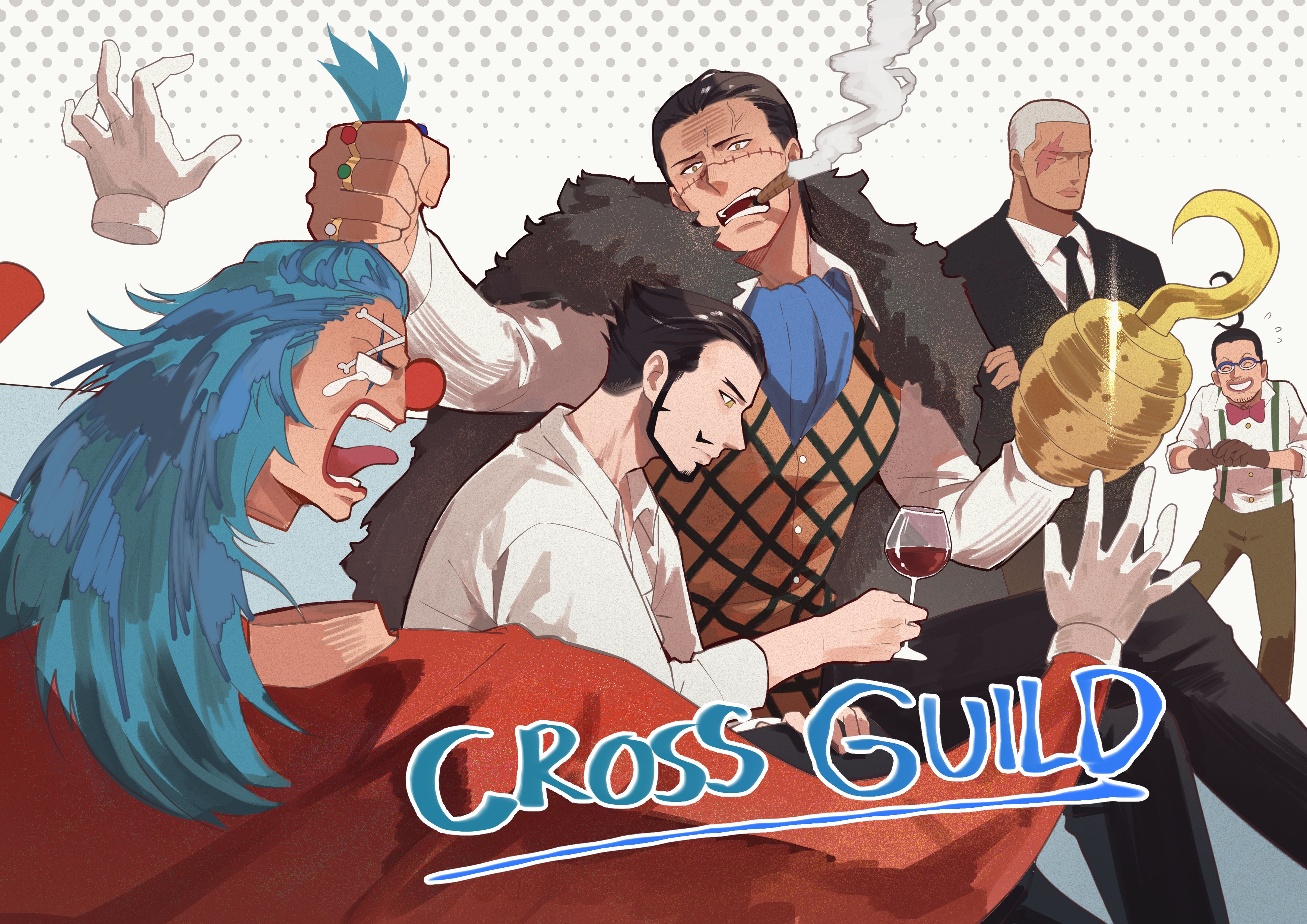ngumngim, buggy the clown, crocodile (one piece), daz bones, dracule mihawk, galdino, one piece, absurdres, commentary, english commentary, highres, 5boys, ascot, beard, black cape, black hair, blue ascot, blue hair, bow, bowtie, brown pants, cape, chinstrap beard, cigar, clown nose, crew cut, disembodied hand, english text, facial hair, fur cape, gloves, hook hand, impossible hair, jewelry, male focus, mature male, multiple boys, multiple rings, mustache, open mouth, orange vest, pants, red bow, red bowtie, ring, scar, scar on face, shirt, short hair, smoke, stitched face, stitches, suspenders, tan, tongue, tongue out, vest, white gloves, white shirt