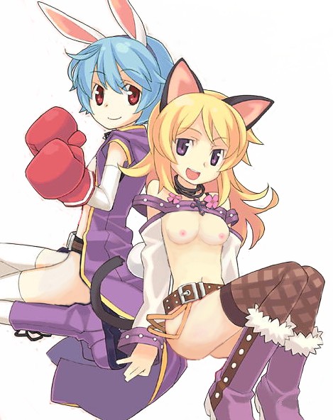 bunny (trickster), cat (trickster), trickster (ntreev soft), nude filter, third-party edit, 10s, 2girls, animal ears, belt, blonde hair, blue hair, boots, boxing gloves, breasts, cat ears, cat tail, cross, gloves, medium breasts, multiple girls, nipples, nude, purple eyes, rabbit ears, rabbit tail, red eyes, tail, thighhighs
