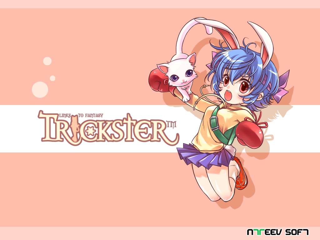 shirahane nao, bunny (trickster), trickster (ntreev soft), 10s, animal ears, backpack, bag, blue hair, boxing gloves, cat, gloves, headband, open mouth, rabbit ears, rabbit tail, randoseru, red eyes, skirt, socks, solo, tail