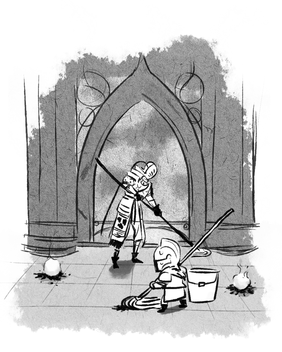 bearer of the curse, dark souls (series), dark souls ii, commentary, english commentary, highres, 1boy, 1other, arch, blood, blood stain, boots, bucket, full body, helm, helmet, holding, holding mop, in-universe location, indoors, knight, mop, mopping, rat (ddi1883981), sir alonne, standing, tile floor, tiles