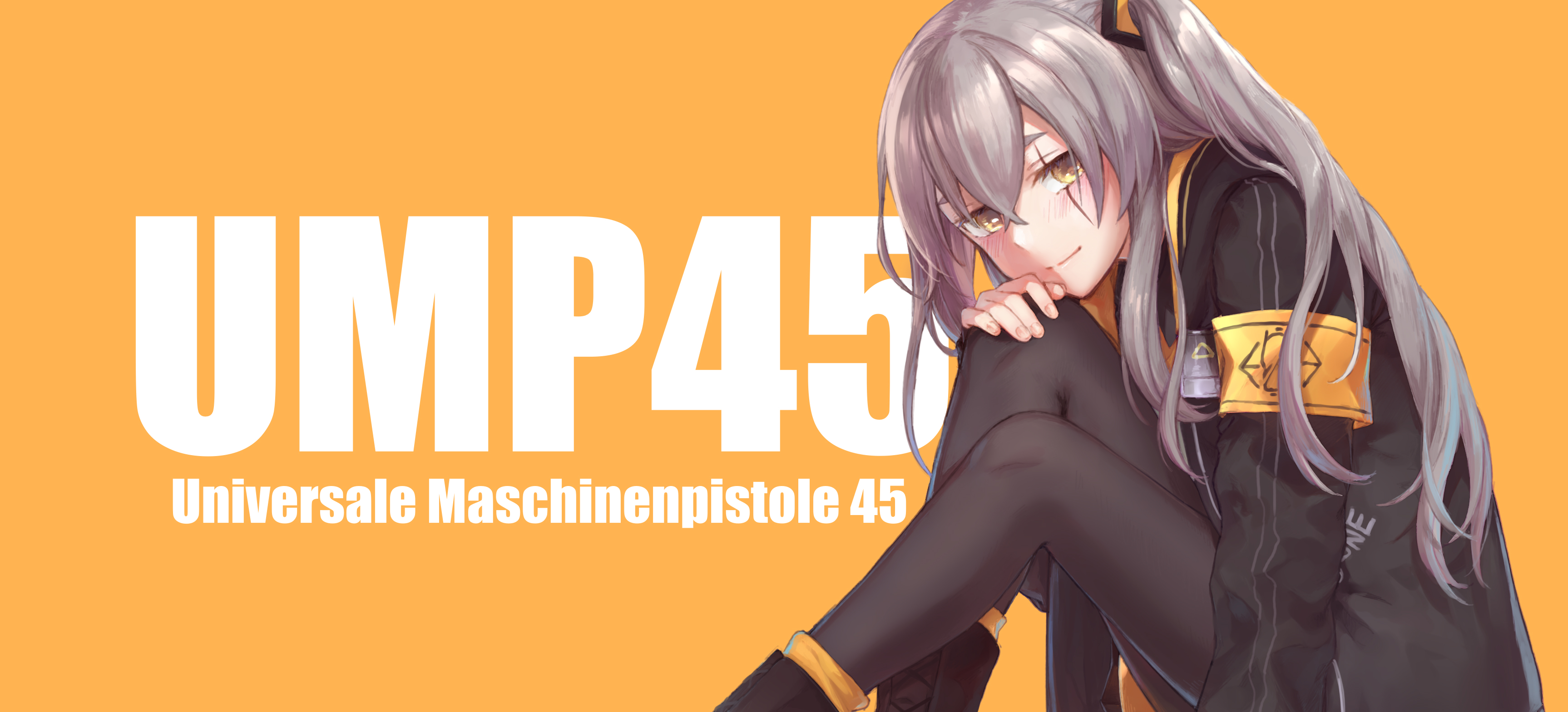 gudrn, ump45 (girls' frontline), girls' frontline, absurdres, highres, 1girl, 404 logo (girls' frontline), armband, blush, brown hair, character name, german text, gloves, hand on own chin, head rest, jacket, long hair, looking at viewer, one side up, orange background, pantyhose, scar, scar across eye, scar on face, sitting, skirt, smile, solo, yellow armband, yellow eyes