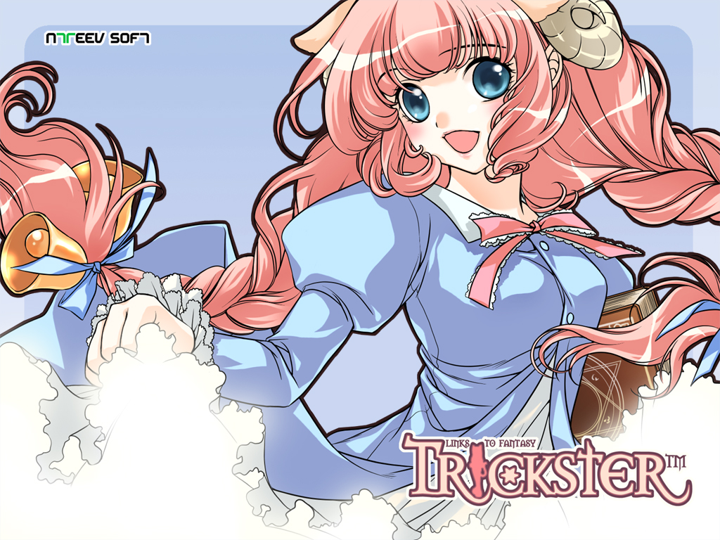 shirahane nao, sheep (trickster), trickster (ntreev soft), 10s, animal ears, bell, blue eyes, book, bow, braid, curtsey, dress, horns, pink hair, ribbon, sheep ears, solo, twin braids, twintails