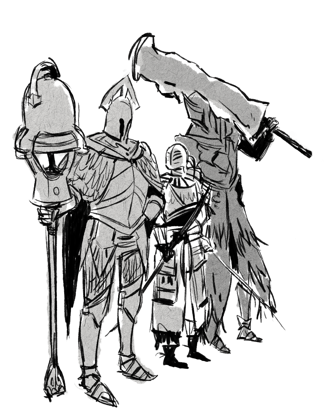fume knight, velstadt the royal aegis, dark souls (series), dark souls ii, commentary, english commentary, highres, 3boys, armor, armored boots, boots, breastplate, club (weapon), full armor, full body, greatsword, greyscale, helm, helmet, holding, holding club, holding sword, holding weapon, knight, looking at another, monochrome, multiple boys, rat (ddi1883981), simple background, sir alonne, standing, sword, weapon
