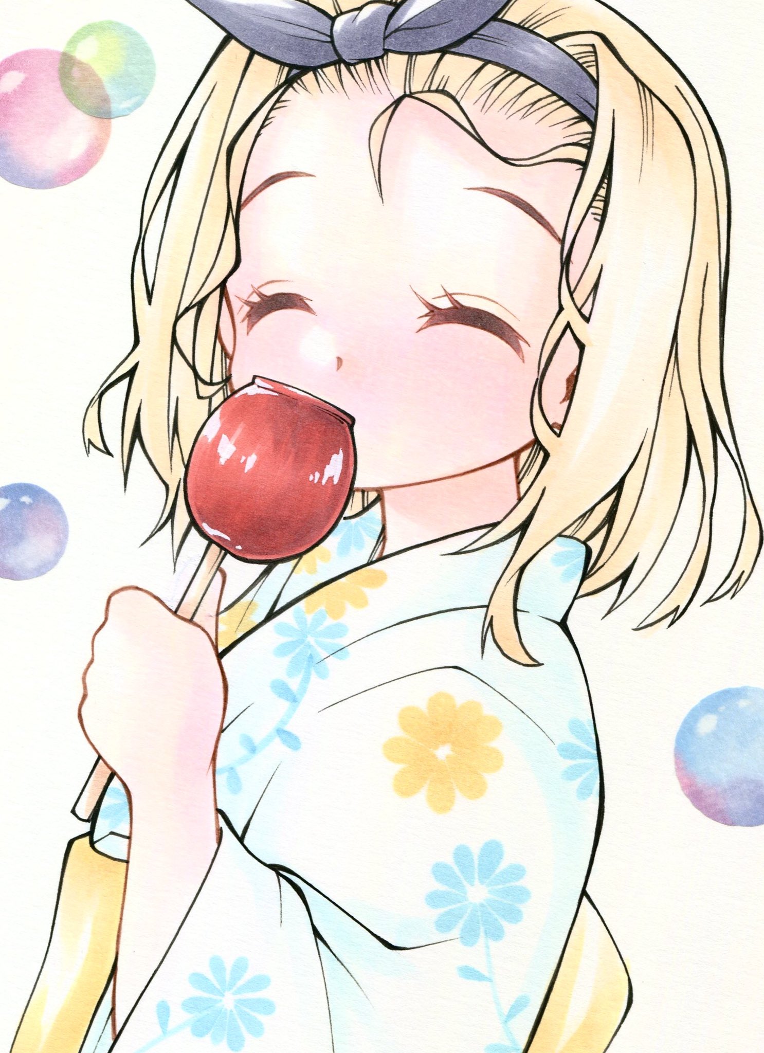 furuta tomohiro, luigi torelli (kancolle), kantai collection, highres, 1girl, alternate costume, black hairband, blonde hair, bubble background, candy apple, eating, floral print, food, forehead, hairband, japanese clothes, kimono, short hair, simple background, soap bubbles, solo, white background, white kimono, yukata