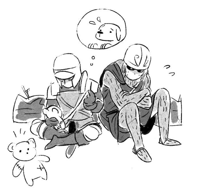 creighton of mirrah, mild mannered pate, dark souls (series), dark souls ii, commentary, english commentary, 2boys, armor, boots, chainmail, full body, greyscale, helmet, male focus, monochrome, multiple boys, pants, rat (ddi1883981), sewing, shirt, short hair, simple background, sitting, stuffed animal, stuffed toy, teddy bear, tunic, vest