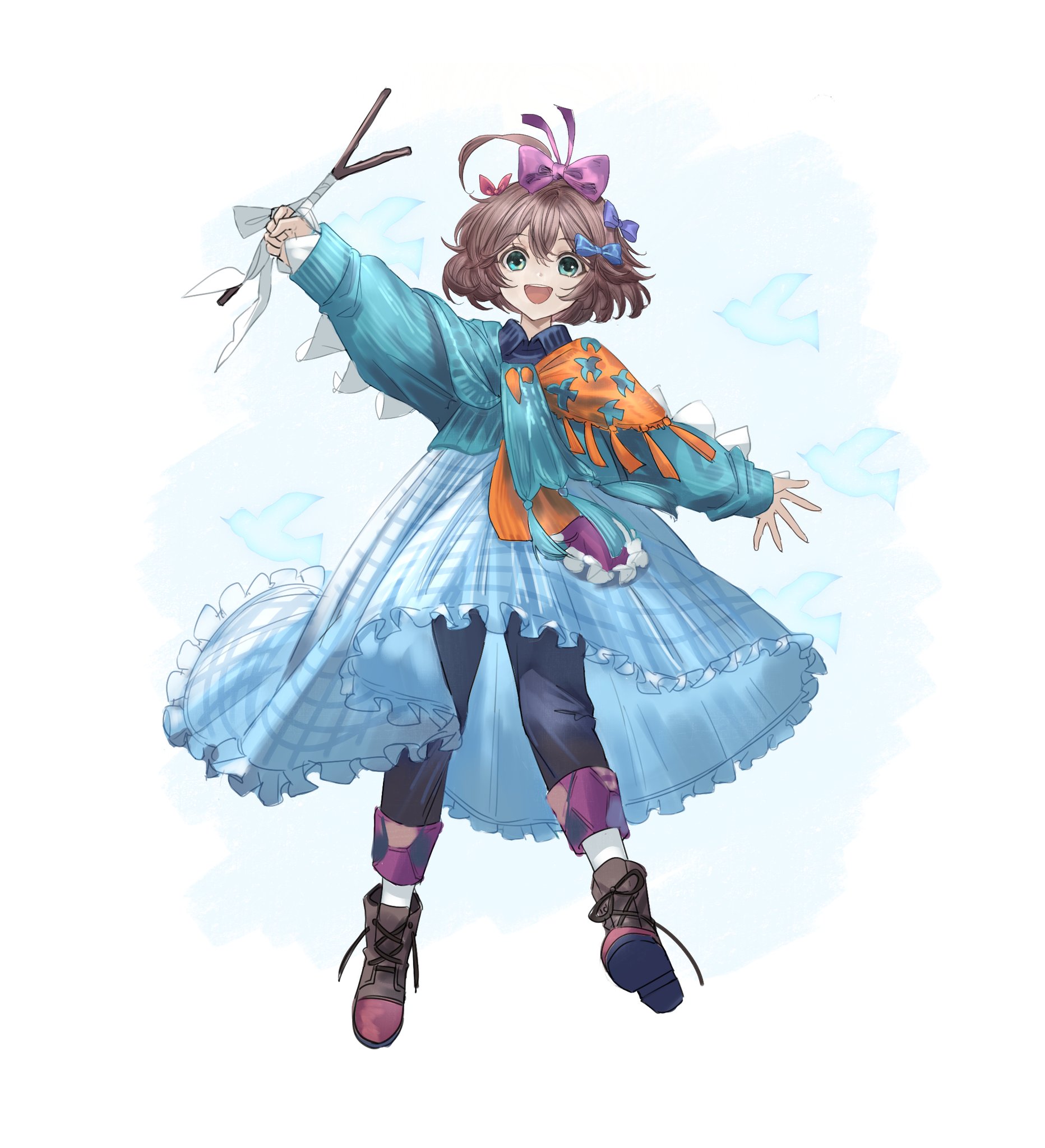 mmihpyy, flutterpage, reverse:1999, highres, 1girl, :d, ahoge, ankle boots, arm up, blue bow, blue dress, blue eyes, blue pants, blue scarf, blue sweater, boots, bow, brown boots, brown hair, collared dress, dress, full body, hair between eyes, hair bow, holding, holding rod, long dress, looking at viewer, multiple hair bows, open mouth, orange scarf, pants, pants under dress, pink bow, red bow, rod, scarf, short hair, smile, solo, standing, sweater, two-tone scarf, white background