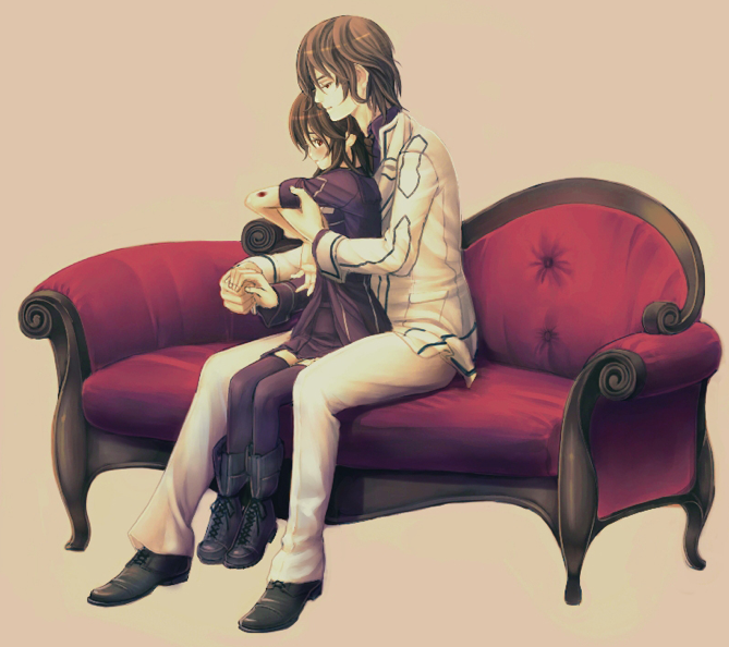 yugume, cross yuki, kuran kaname, kurosu yuuki, vampire knight, 00s, 1boy, 1girl, blood, blush, boots, brown hair, couch, couple, formal clothes, hand grab, height difference, hetero, holding hands, injury, red upholstery, school uniform, short hair, sitting, sitting on lap, sitting on person, suit, thighhighs, zettai ryouiki