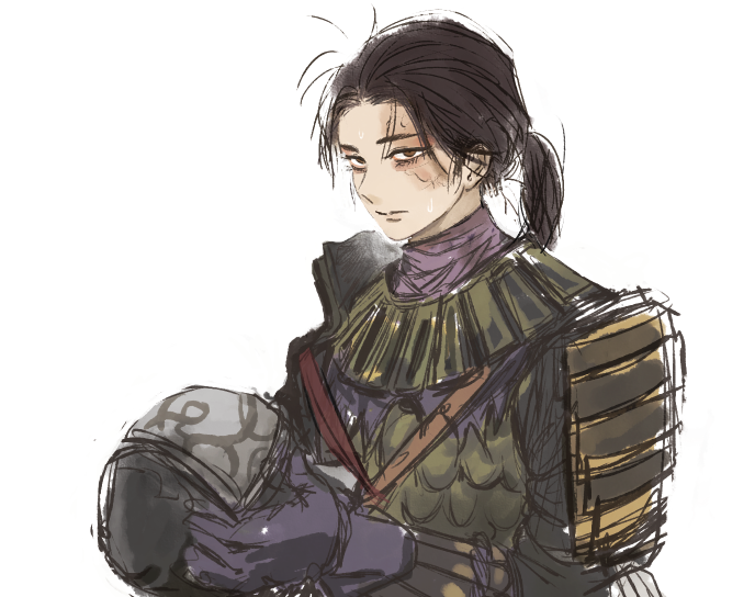 dark souls (series), dark souls ii, commentary, english commentary, 1boy, armor, black hair, breastplate, brown eyes, closed mouth, expressionless, gloves, grey gloves, helm, helmet, holding, holding unworn helmet, japanese armor, kote, looking at viewer, low ponytail, male focus, pauldrons, ponytail, rat (ddi1883981), short hair, shoulder armor, simple background, sir alonne, solo, unworn headwear, unworn helmet, upper body, white background