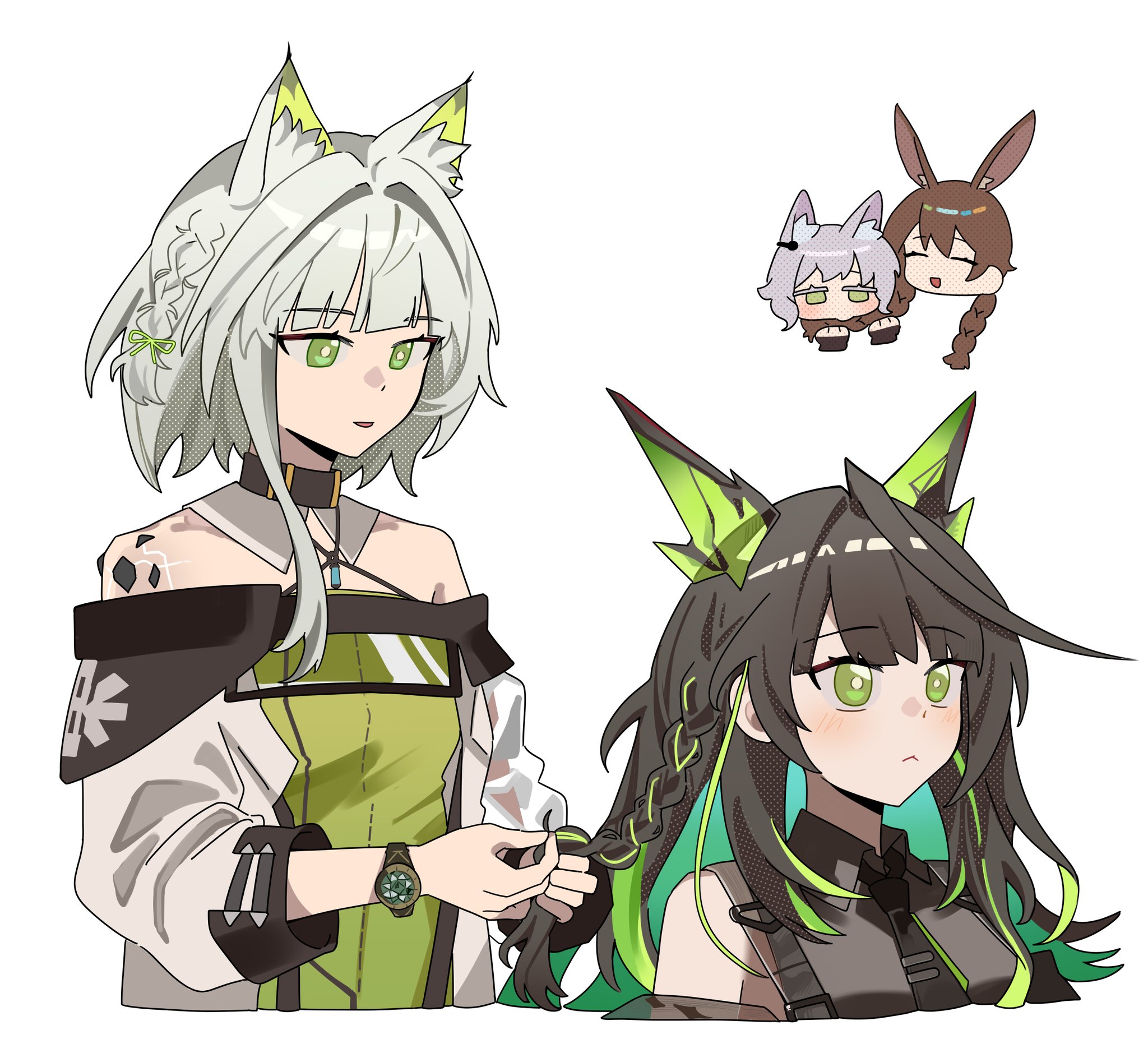 wwfo 2, amiya (arknights), kal'tsit (arknights), mon3tr (arknights), rosmontis (arknights), arknights, highres, 4girls, ahoge, animal ear fluff, animal ears, asymmetrical sidelocks, bare shoulders, behind another, black hair, black necktie, black shirt, blunt bangs, blush, braid, braiding hair, breasts, cat ears, chibi, chibi inset, choker, closed mouth, coat, collar, collarbone, collared shirt, colored inner hair, crystal horns, detached collar, dress, front-to-back, green dress, green eyes, green hair, green streaks, hair intakes, hairdressing, huge ahoge, long hair, material growth, multicolored hair, multiple girls, necktie, off-shoulder coat, off-shoulder dress, off shoulder, oripathy lesion (arknights), parted lips, see-through horns, shirt, short hair, side braid, sidelocks, simple background, sleeves pushed up, smile, streaked hair, tie clip, upper body, watch, white background, white coat, white collar, wristwatch